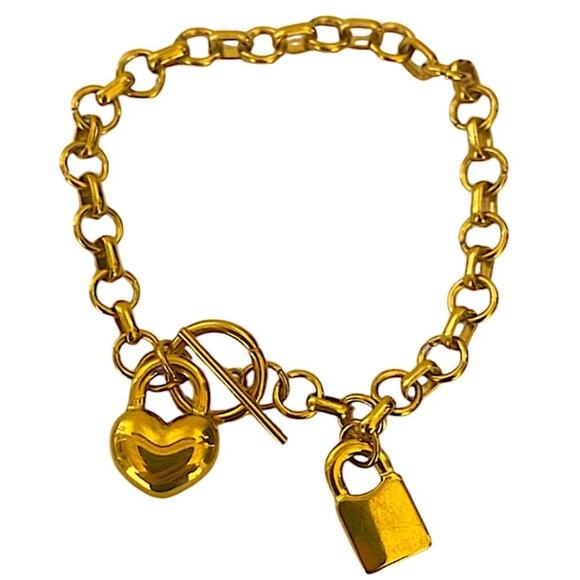 Gold Stainless Steel Heart Lock Chain Link Bracelet - Picture 2 of 3